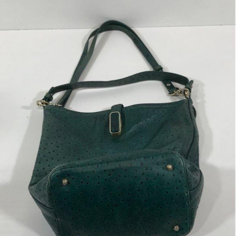 Women’s Brahmin Ostrich Elegant Green Turnlock Bucket Shoulder Bag